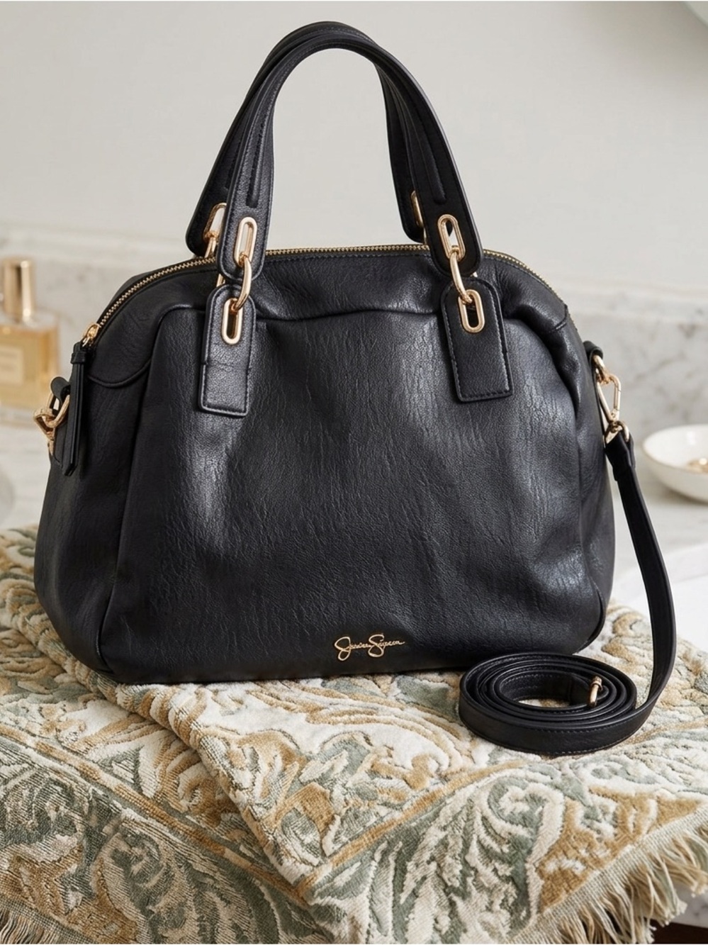 Jessica Simpson Black Slouchy Satchel Bag with Gold Hardware&Animal Print Lining